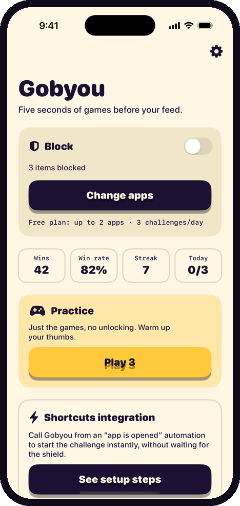 Gobyou home screen with block settings